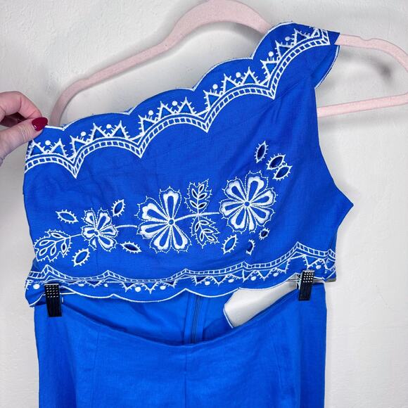 NWT Anthropologie Farm Rio One Shoulder Embroidered Cut Out Linen Jumpsuit Large - Picture 16 of 16